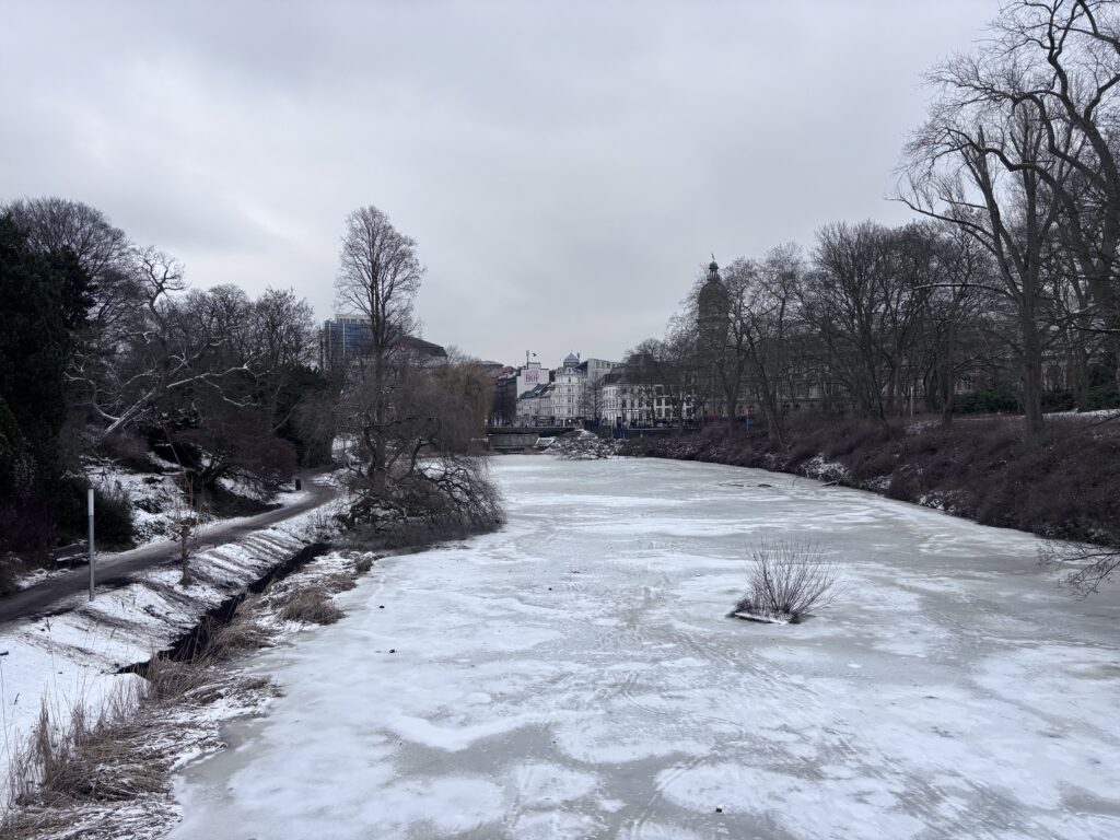 Frozen lake with trees either side, white buildings in the background 